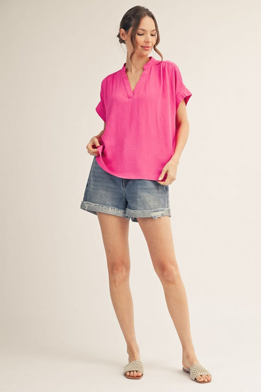 V-NECK SOLID HOT PINK TOP