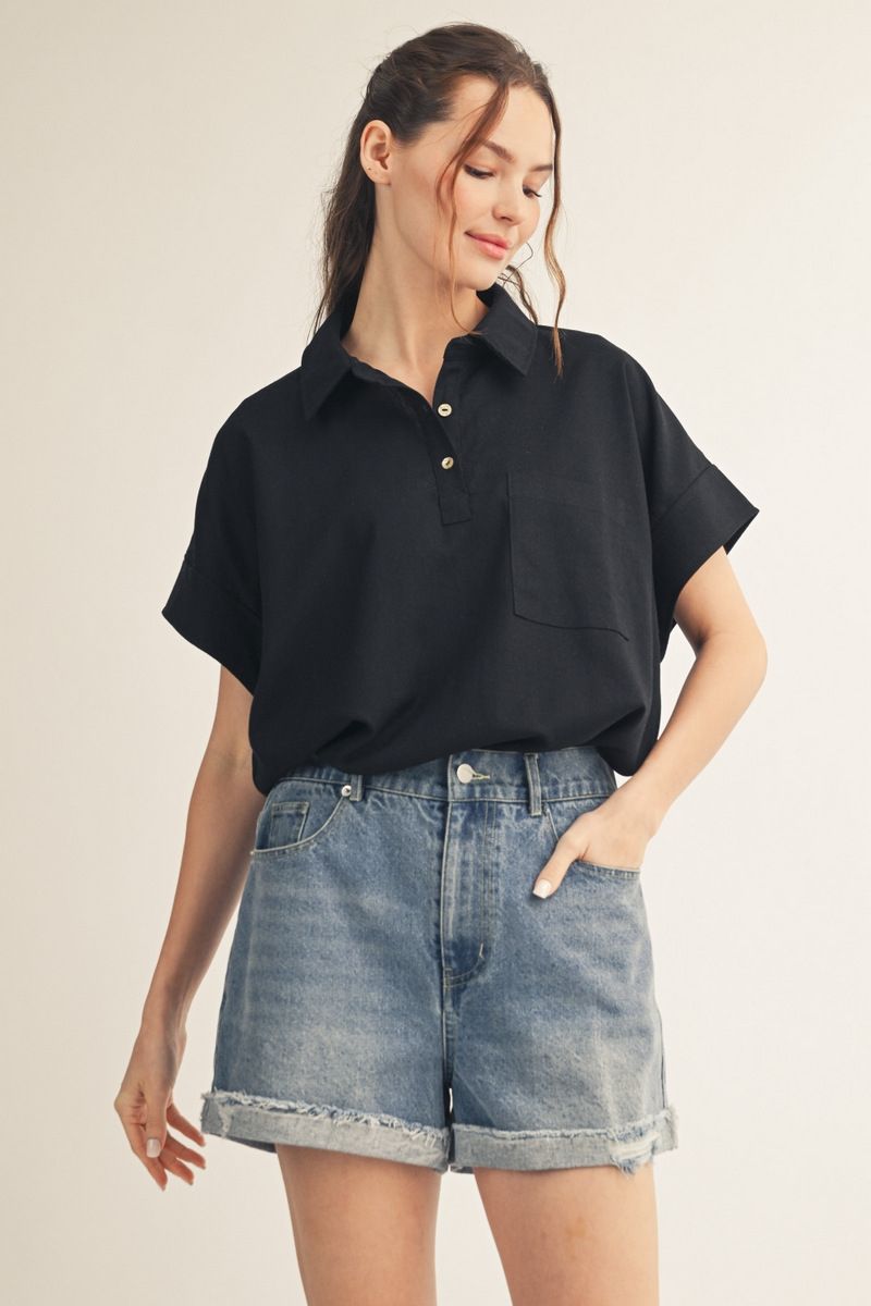 WOVEN ROUND HEM BLACK TOP
