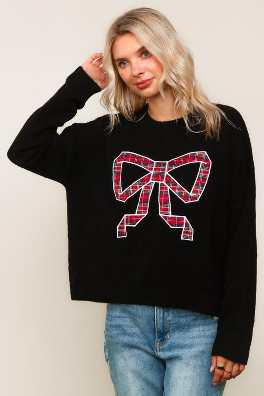 PLAID BOW WOVEN SWEATER