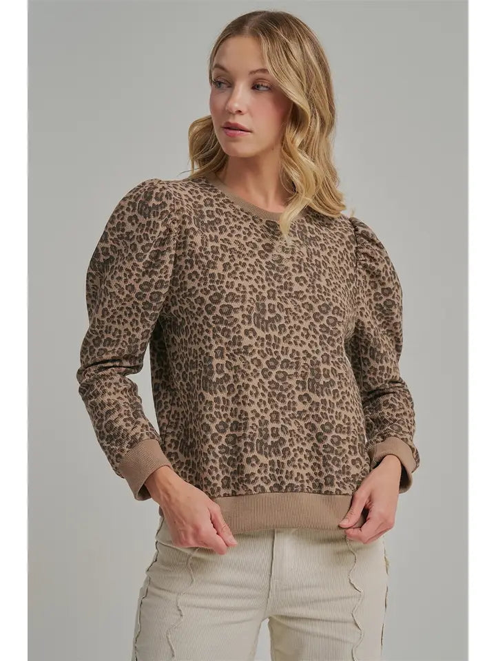 LEOPARD TEXTURED KNIT LS TOP