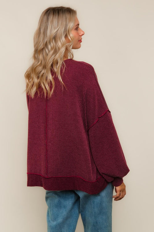 BURGUNDY RIB BANDED SWEATER