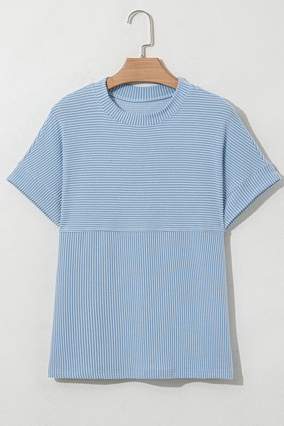 CORDED KNIT MOCK LIGHT BLUE TOP