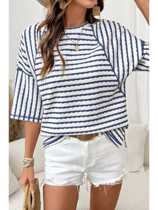 STRIPE KNIT HEM DARK BLUE TOP
