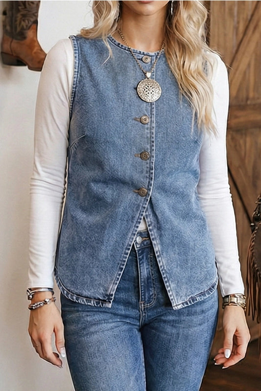 DENIM BUTTONED FRONT SLIT VEST
