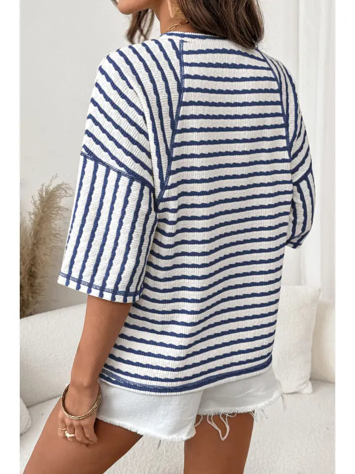 STRIPE KNIT HEM DARK BLUE TOP