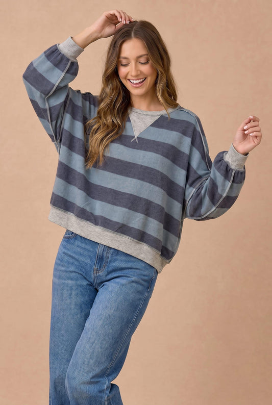 HACCI NAVY/GREY STRIPED LS