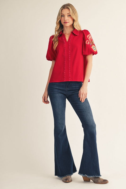 EMB TRIM SCALLOP RED TOP