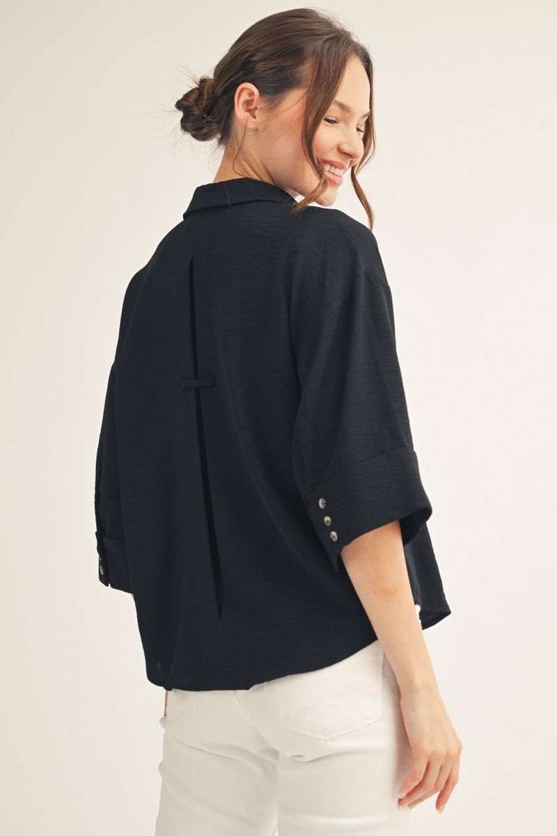 DROP SHOULDER 3/4 BLACK SS TOP