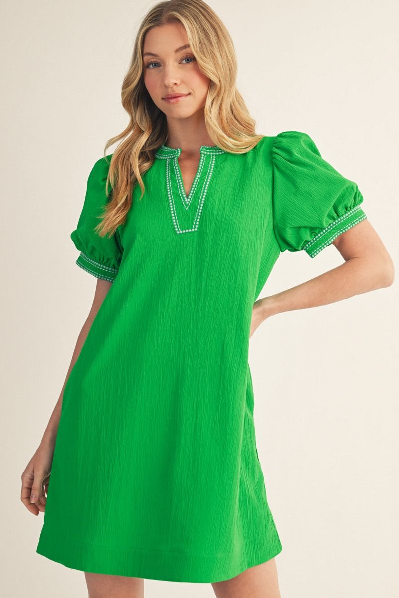 BUBBLE SLEEVE KELLY GREEN DRESS