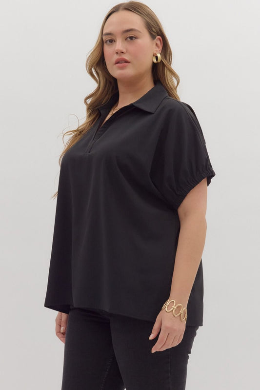 SPLIT COLLAR SLIT HEM BLACK TOP