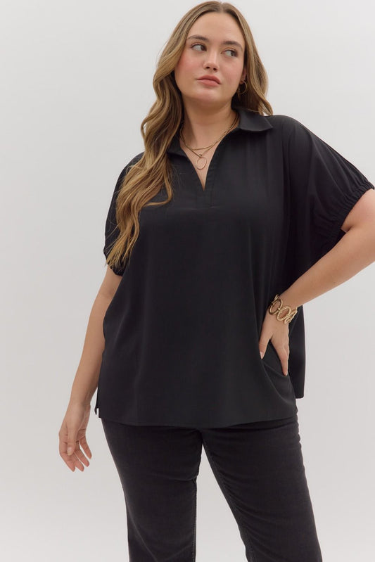 SPLIT COLLAR SLIT HEM BLACK TOP