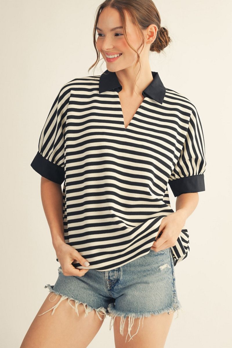 COLLAR STRIPE SS BLACK TOP