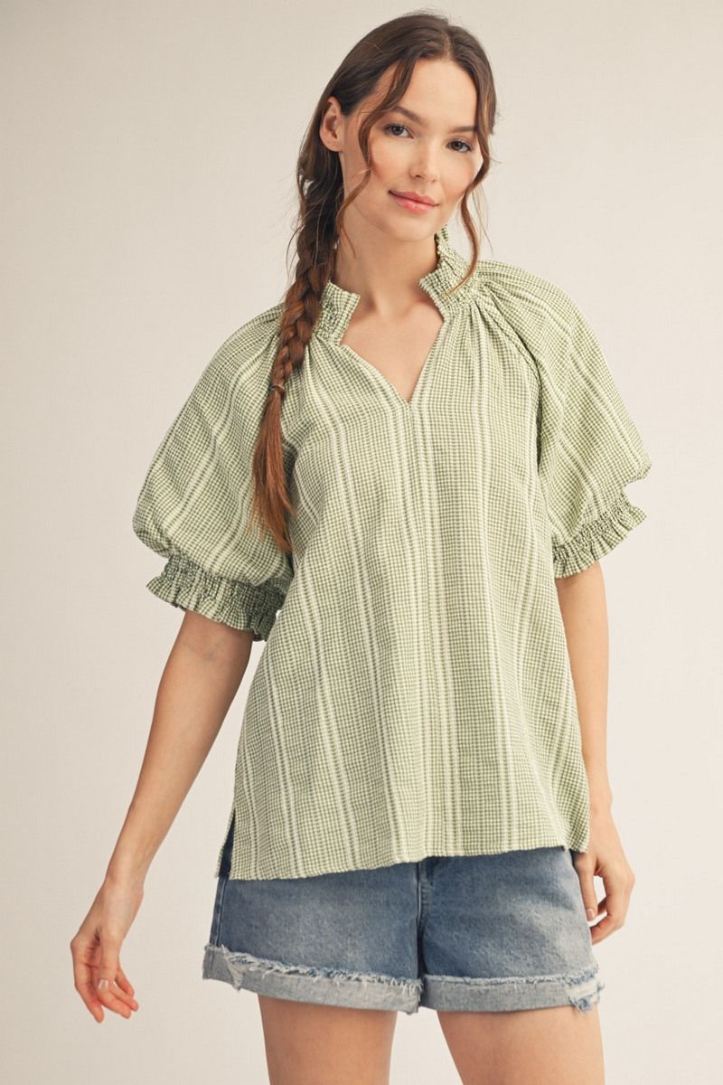 NOTCHED STRIPE SAGE TOP