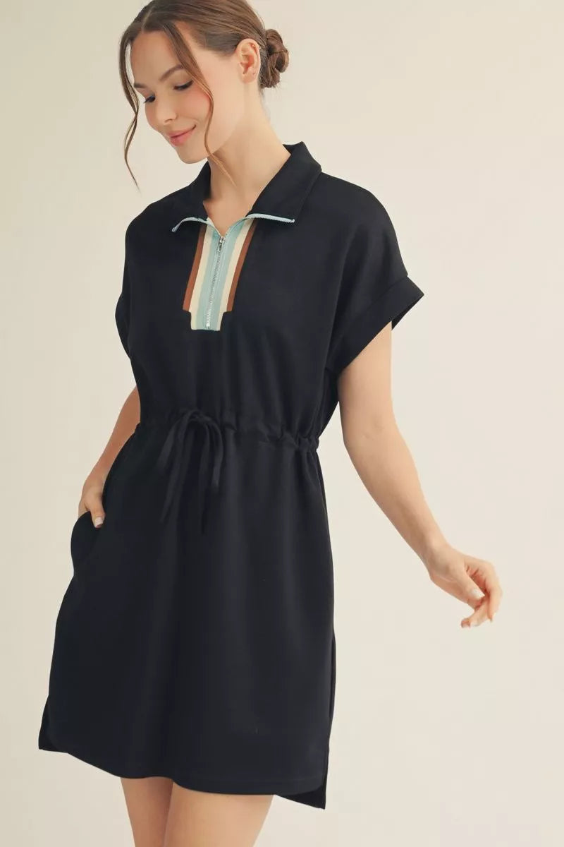 ZIP TIE WAIST BLACK DRESS