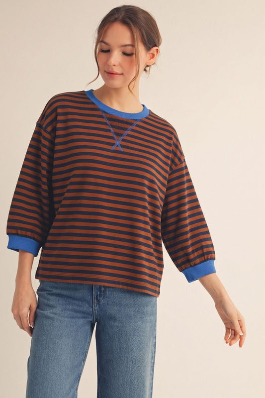 STRIPE 3/4 MOCHA TOP