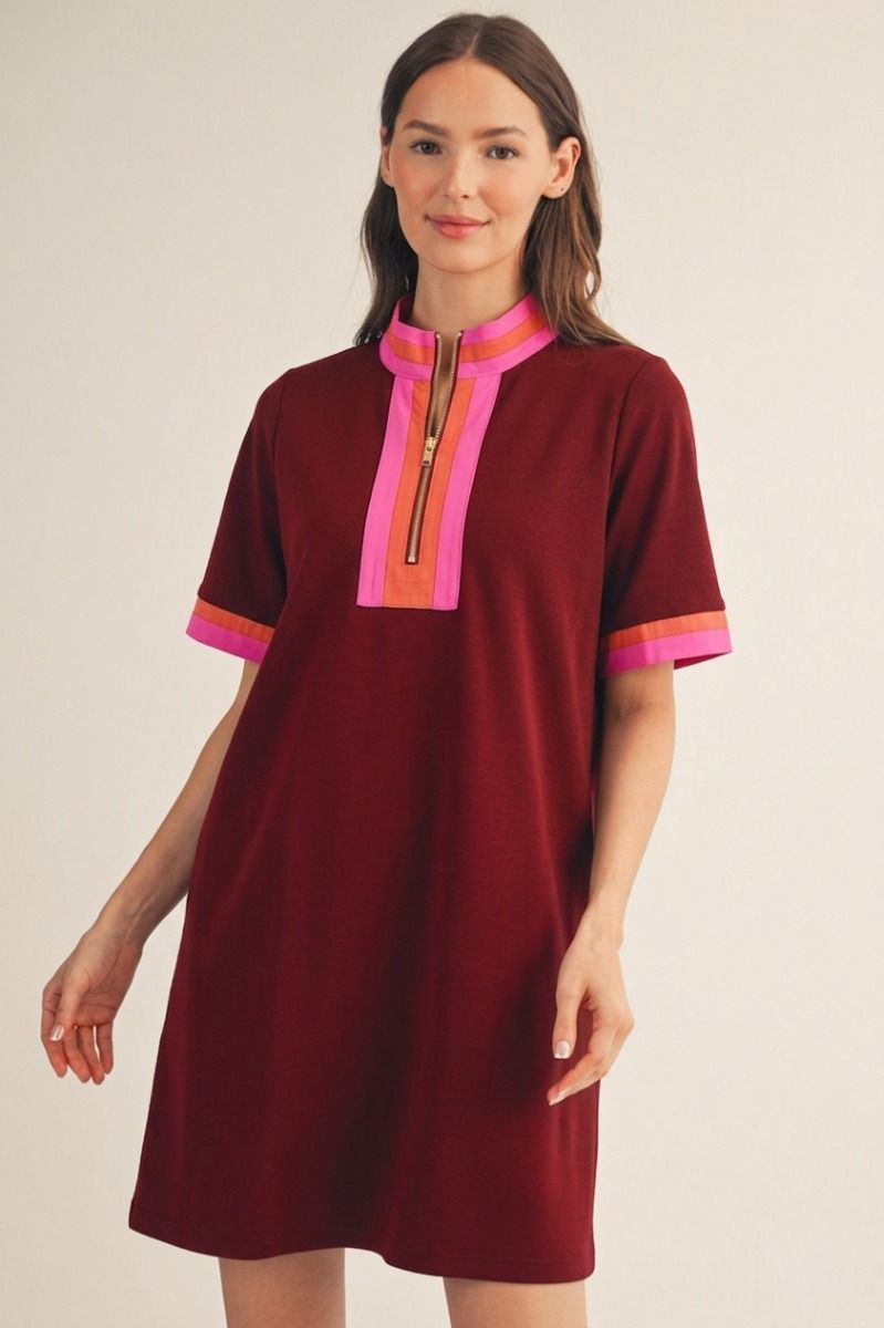 CASUAL ZIP UP BURGUNDY DRESS
