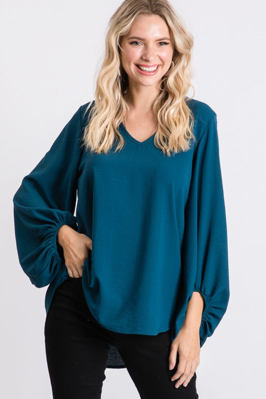 V-NECK BUBBLE SLV TEAL TOP