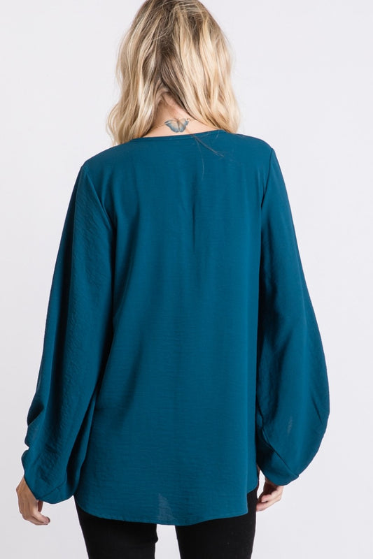 V-NECK BUBBLE SLV TEAL TOP