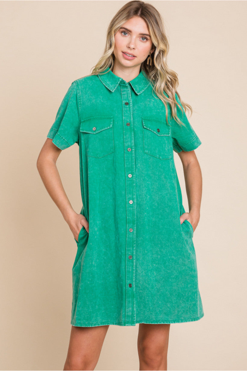 WASHED GREEN COTTON DRESS