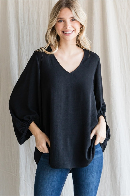 V-NECK BUBBLE SLEEVE BLACK TOP