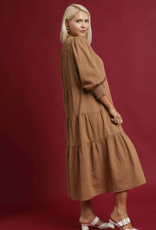 TIERED MIDI MOCHA DRESS