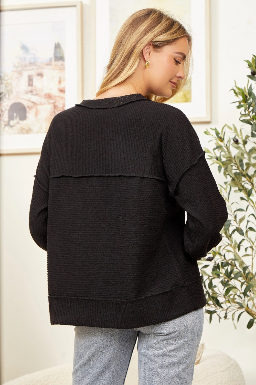 BUTTON NECK BLACK SWEATER