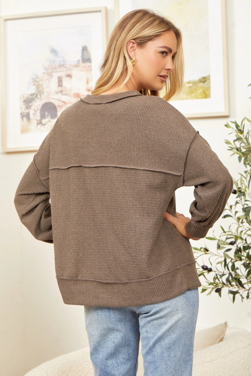 BUTTON NECK MOCHA SWEATER