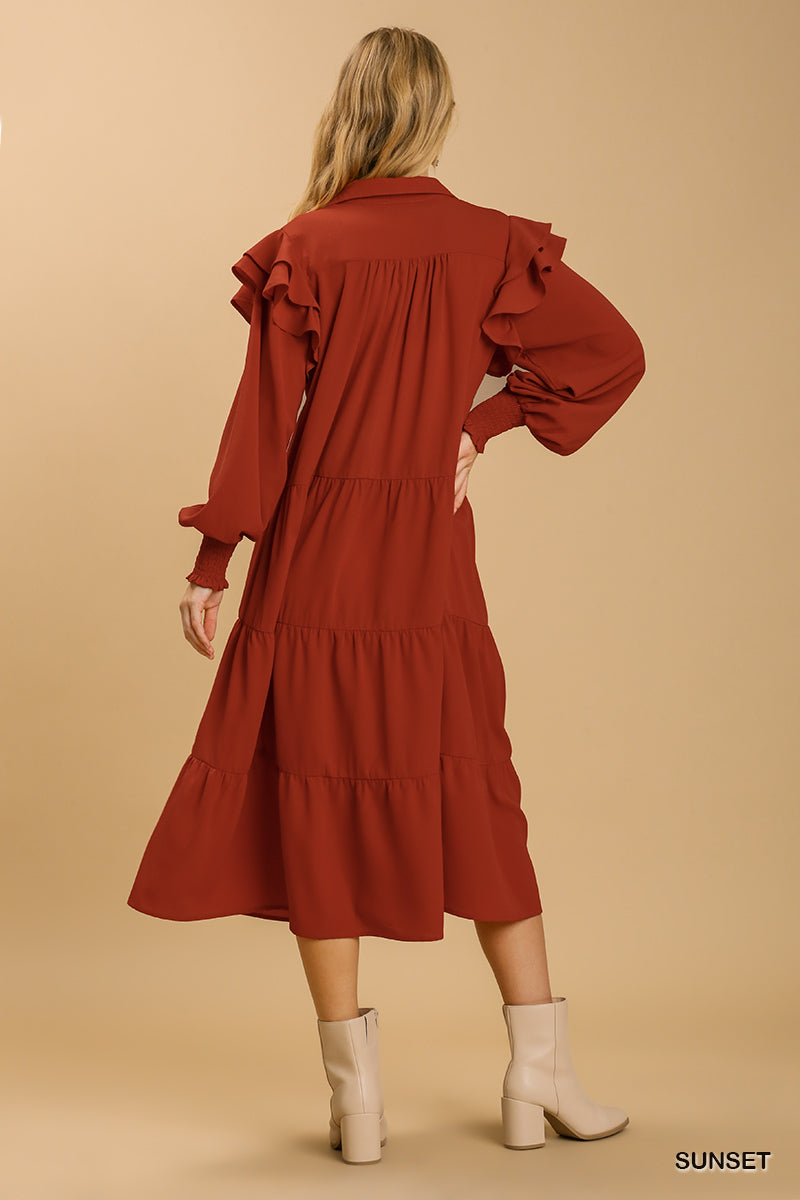 V-Neck Collared Sunset Ruffle Dress