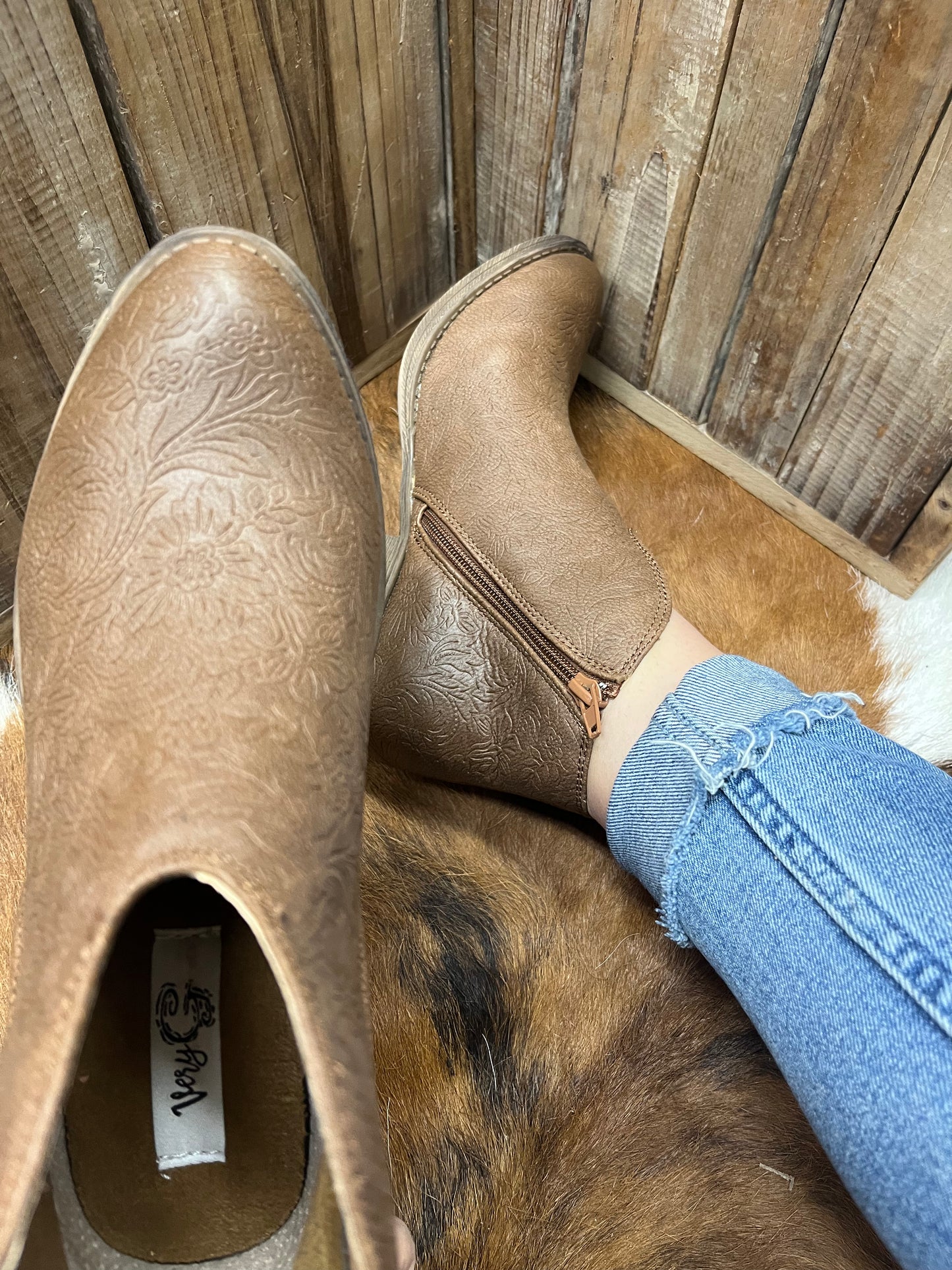 Very G Divine Tooled Tan Booties