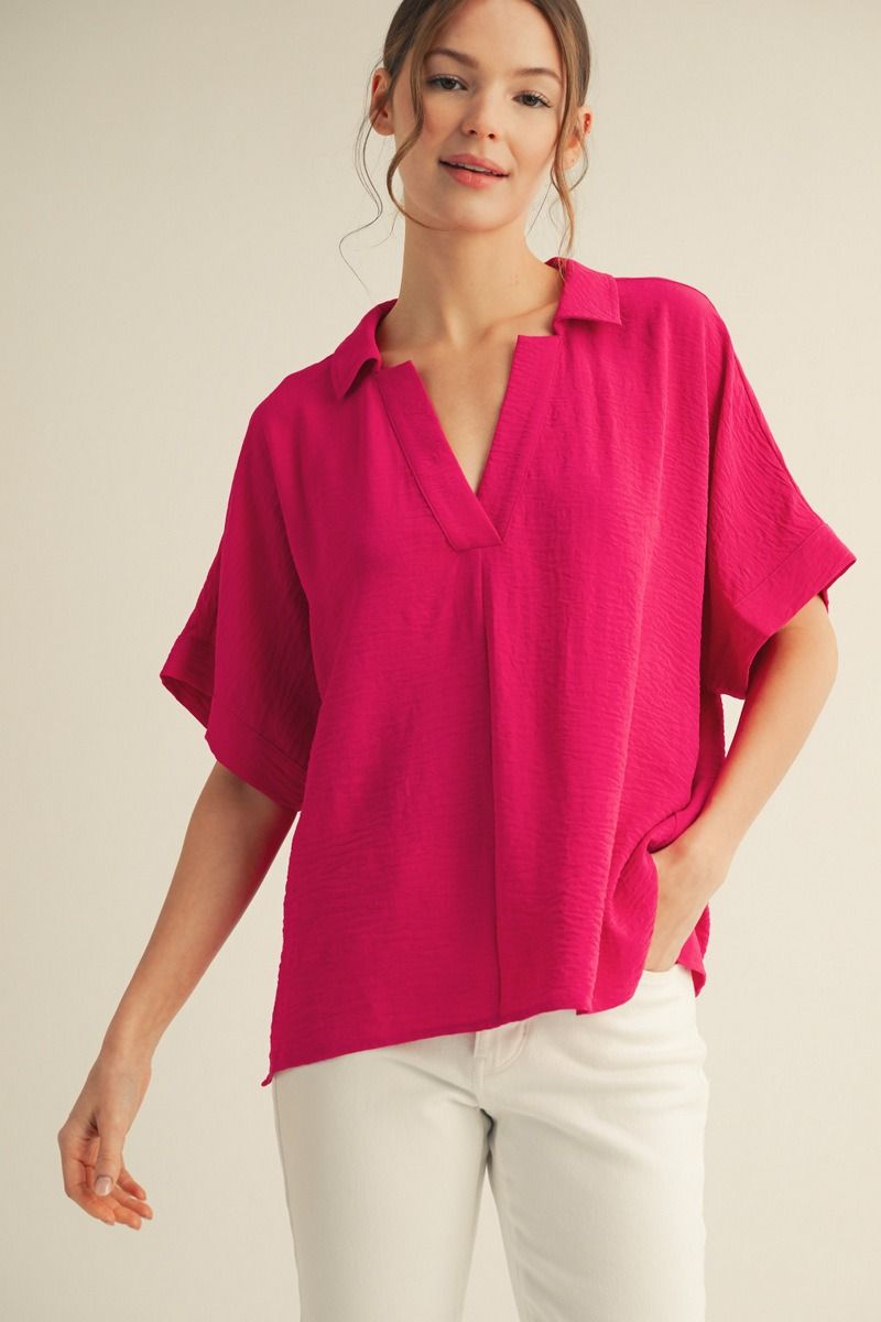 BOXED COLLAR SS FUCHSIA TOP