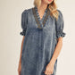 SMOCK EMB DENIM DRESS