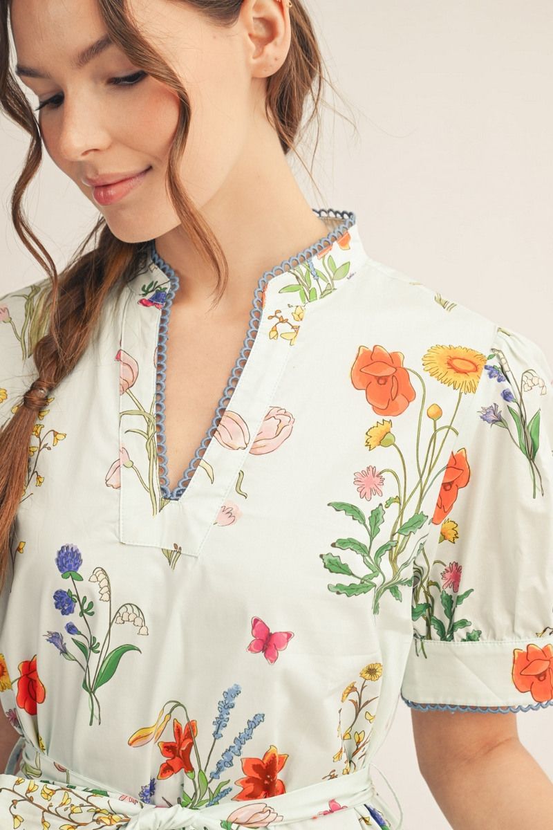 FLORAL SCALLOP LIGHT BLUE DRESS
