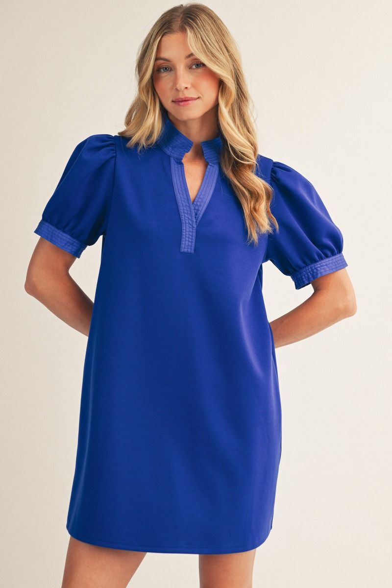 SOLID BLUE PUFF SLEEVE DRESS