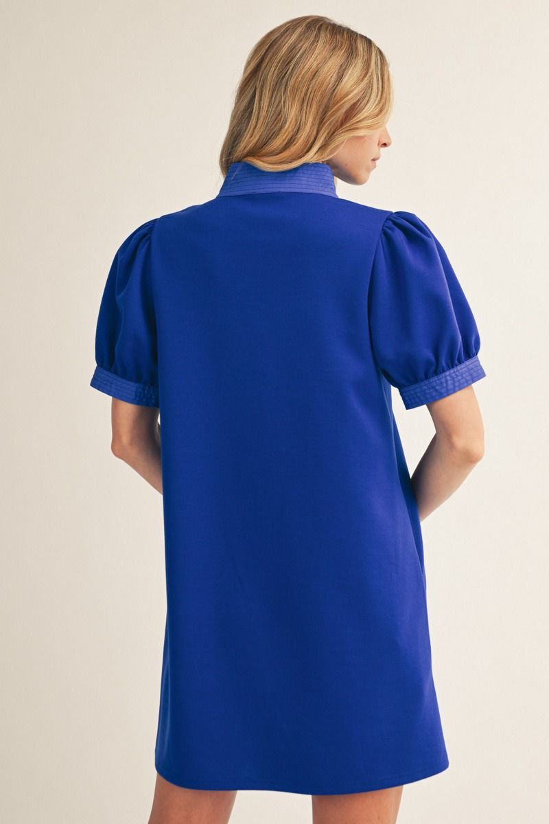 SOLID BLUE PUFF SLEEVE DRESS