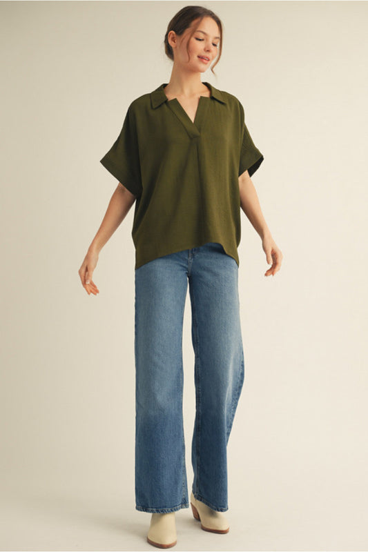 BOXED COLLAR SS HUNTER GREEN TOP