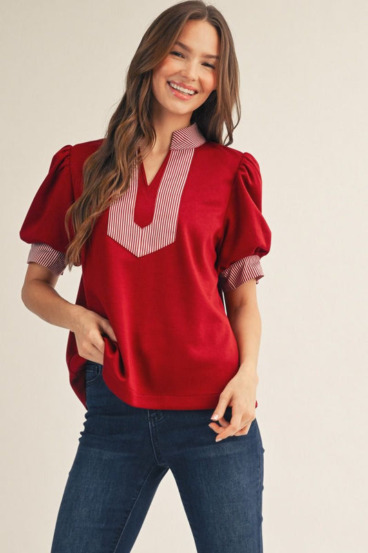 CONTRAST STRIPE BURGUNDY TOP