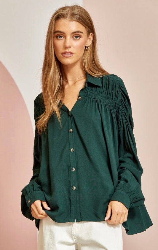 Ruching Green Shoulder LS top