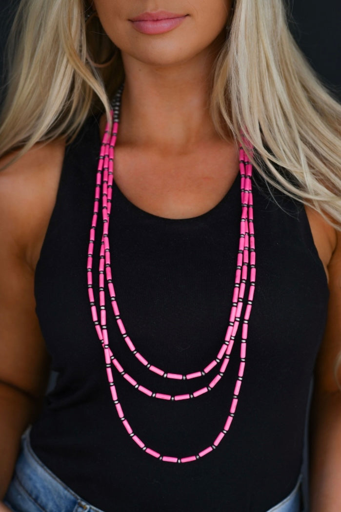 Three Strand Pink Tube Bead and Faux Navajo Pearl Necklace