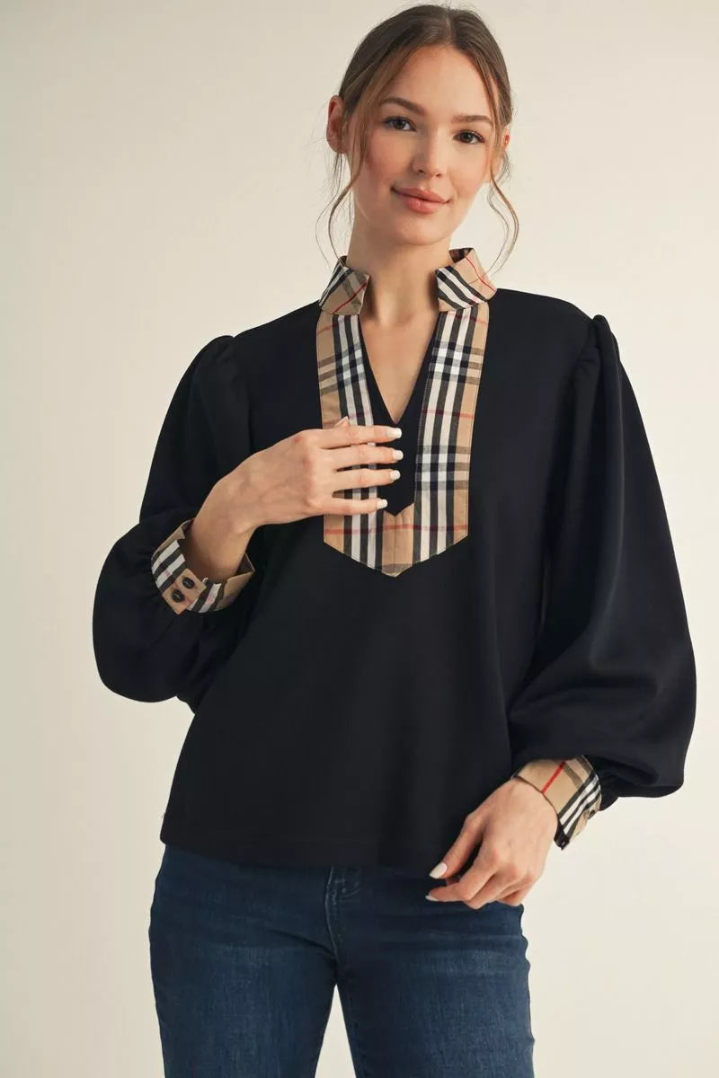 MOCK NECK BLK PLAID