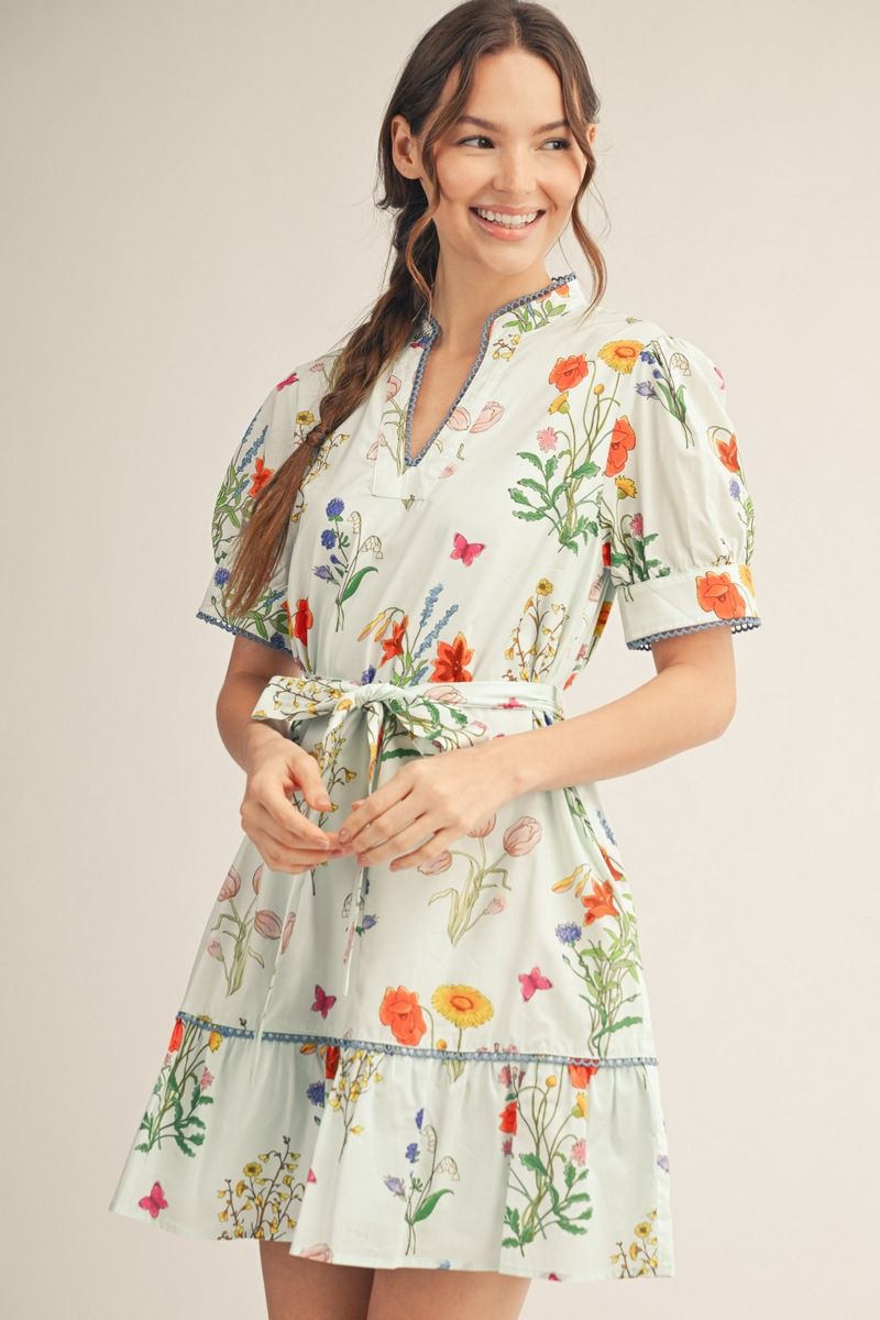 FLORAL SCALLOP LIGHT BLUE DRESS