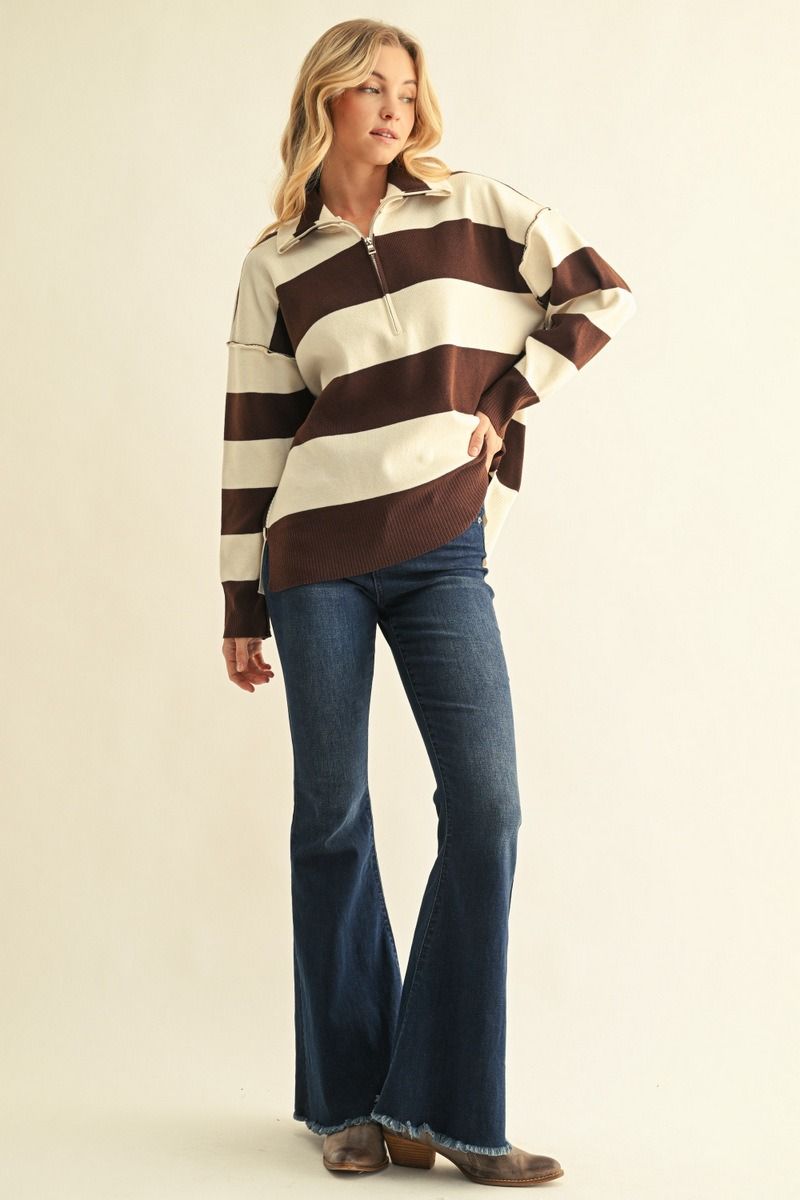 STRIPE ZIP CHARCOAL SWEATER