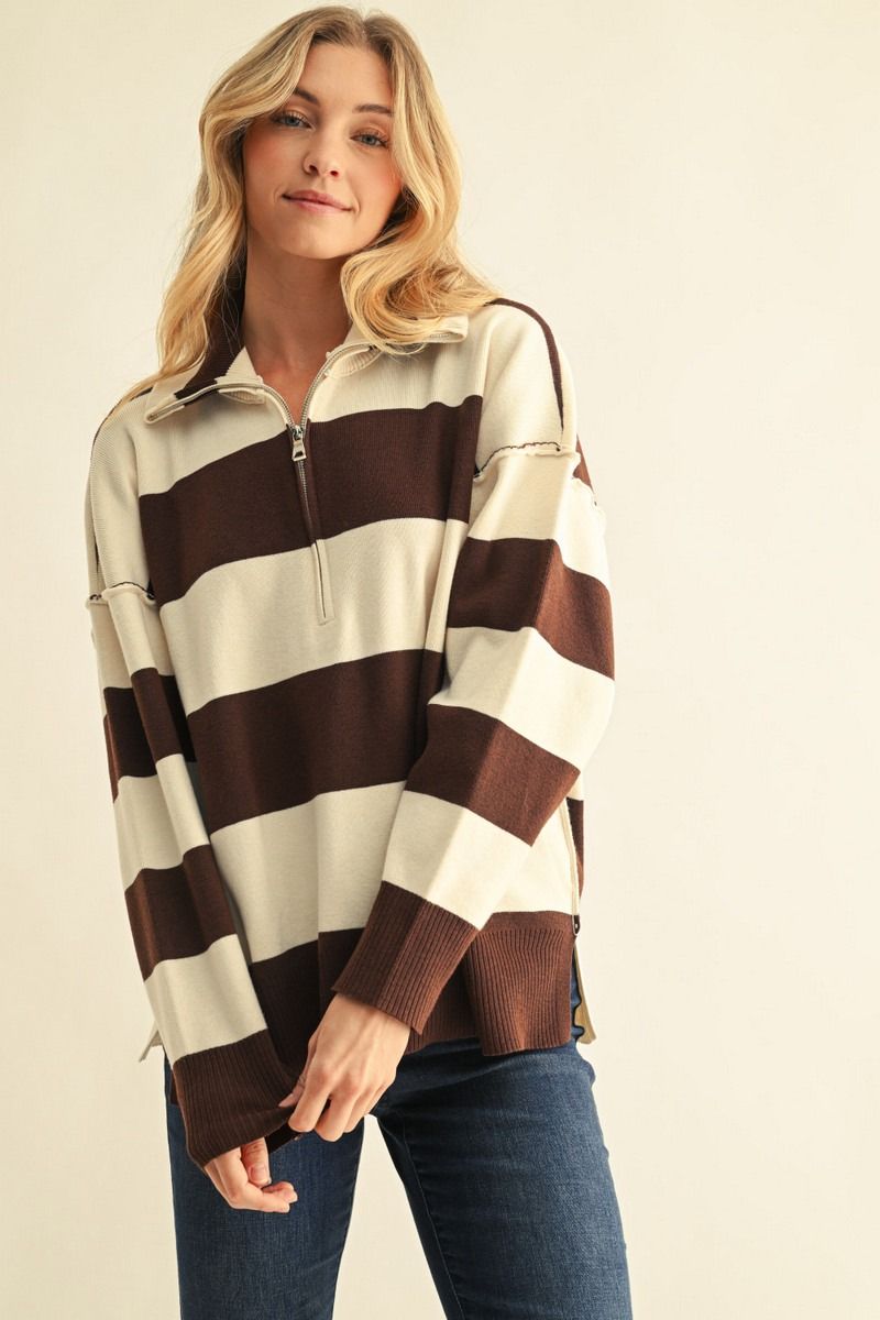 STRIPE ZIP CHARCOAL SWEATER