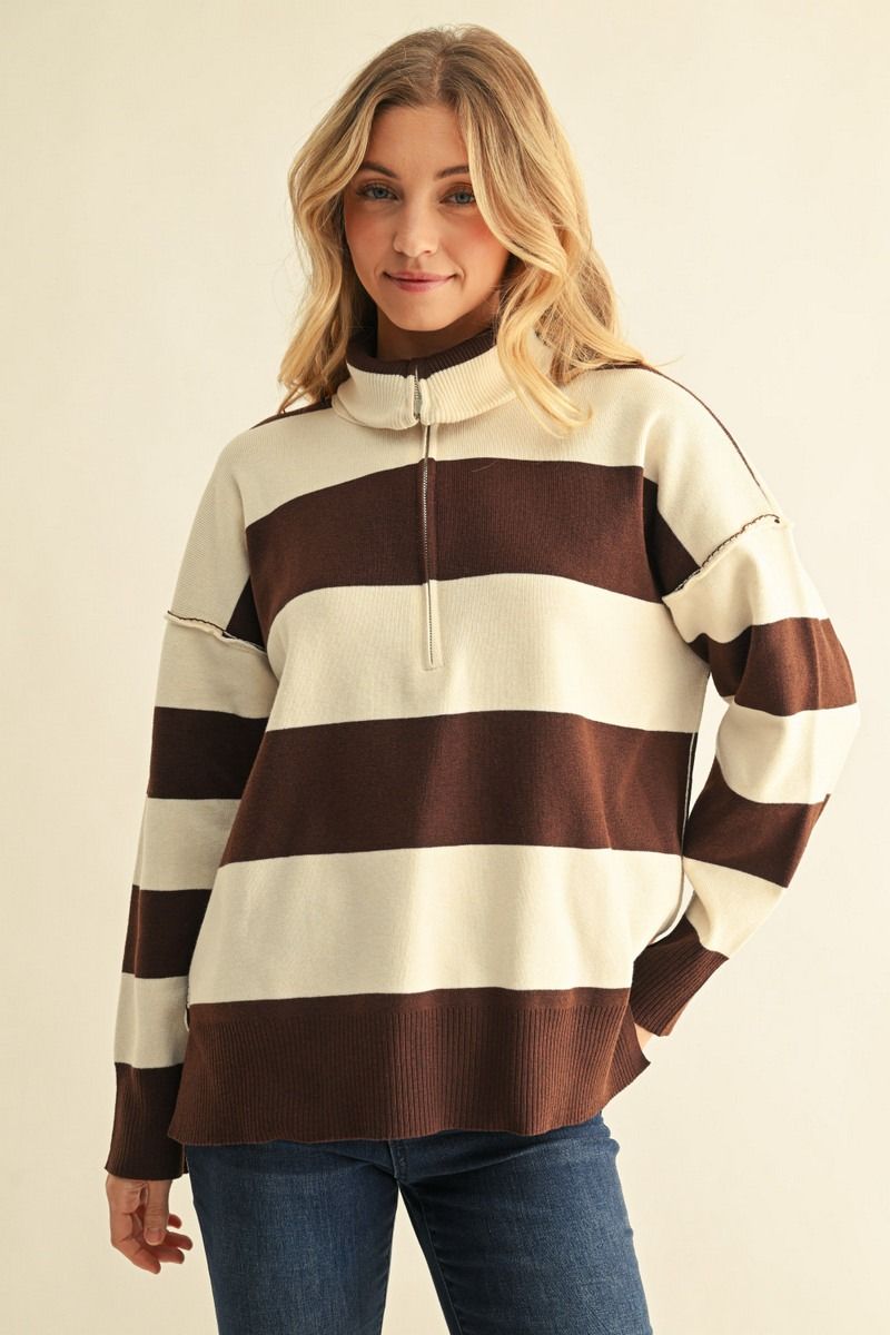 STRIPE ZIP CHARCOAL SWEATER