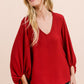 V-NECK BUBBLE SLEEVE BURGUNDY TOP