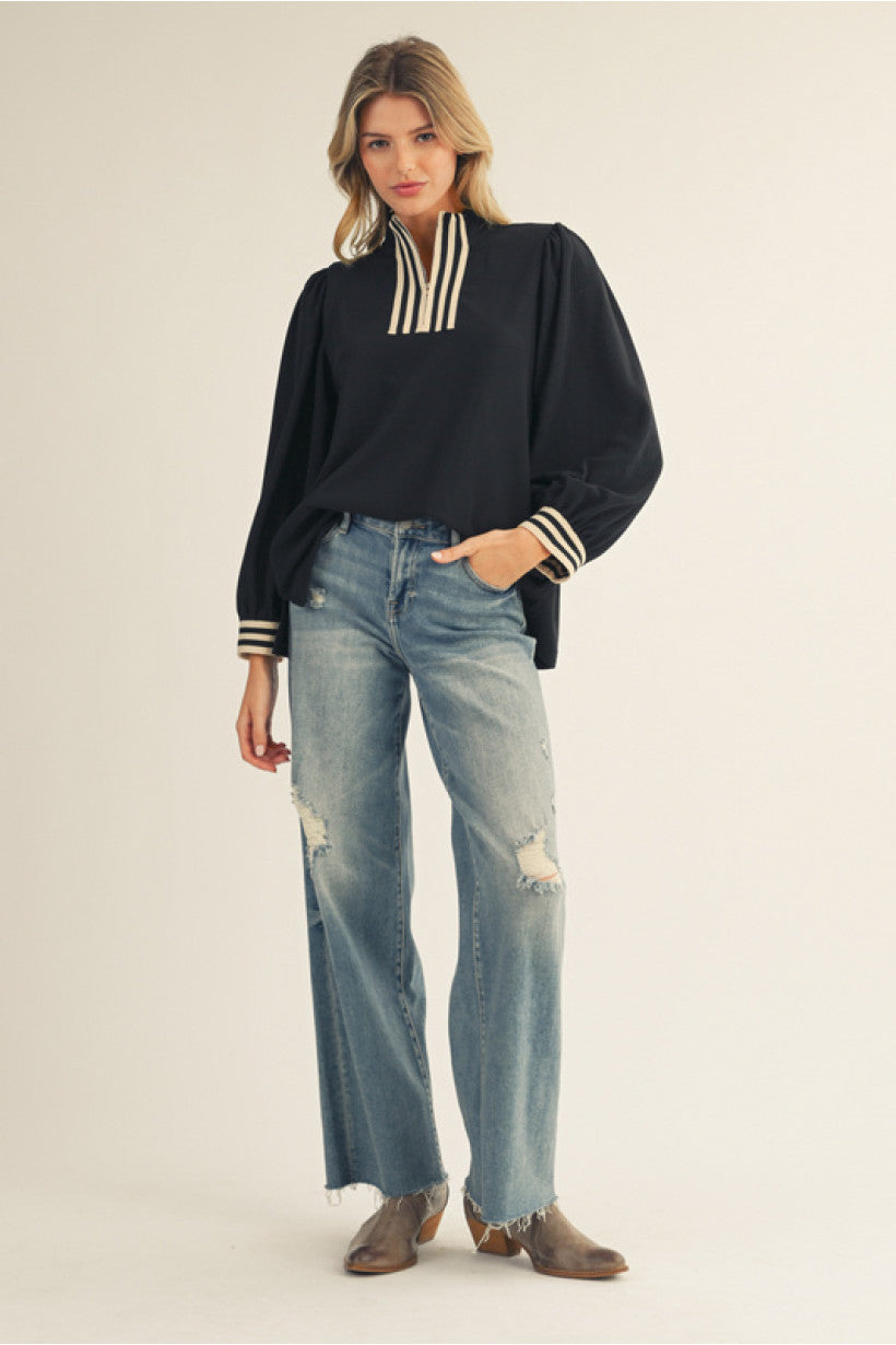 STRIPE BLK MOCK NECK ZIP