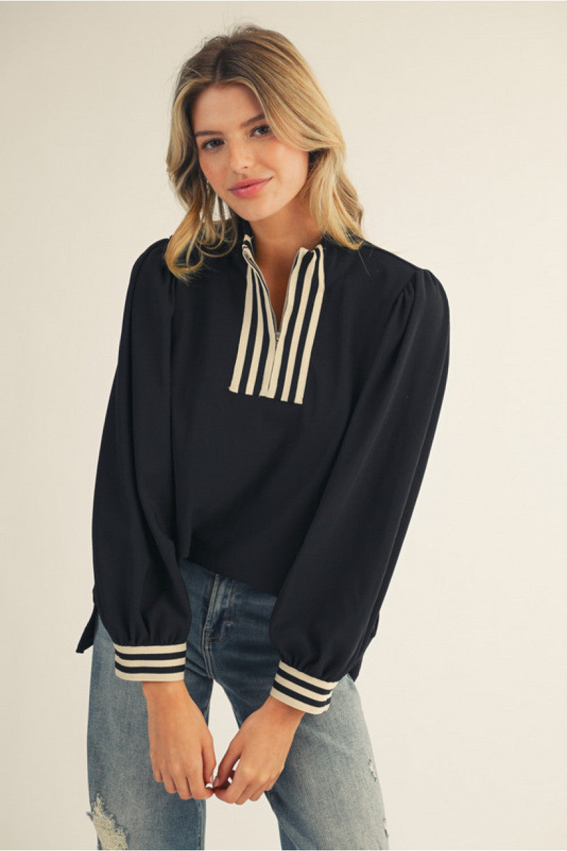 STRIPE BLK MOCK NECK ZIP