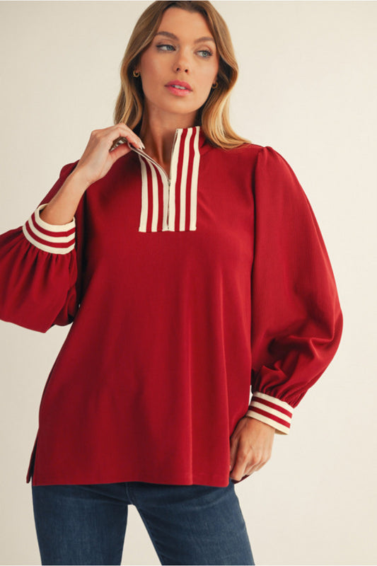 STRIPE MOCK NECK ZIP UP LS