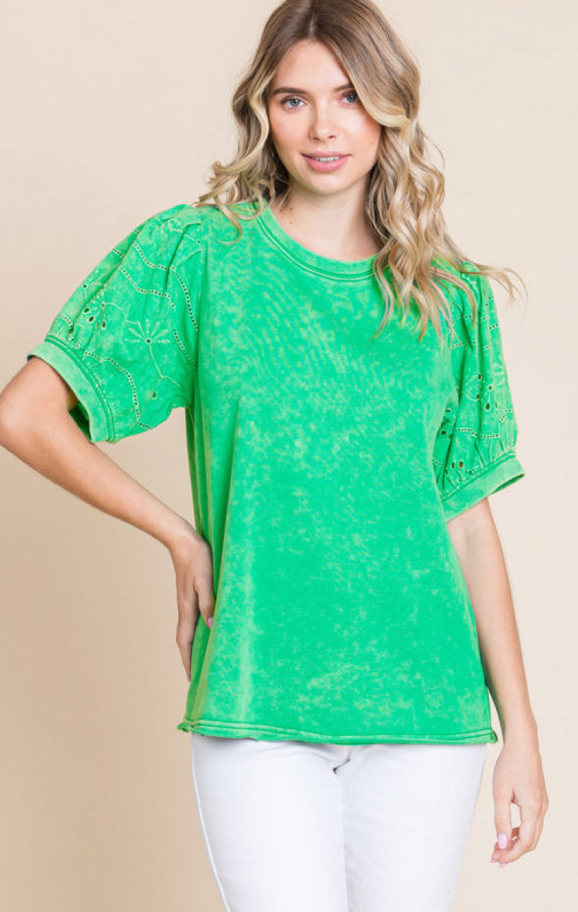 Green Eyelet Puff Sleeve Top