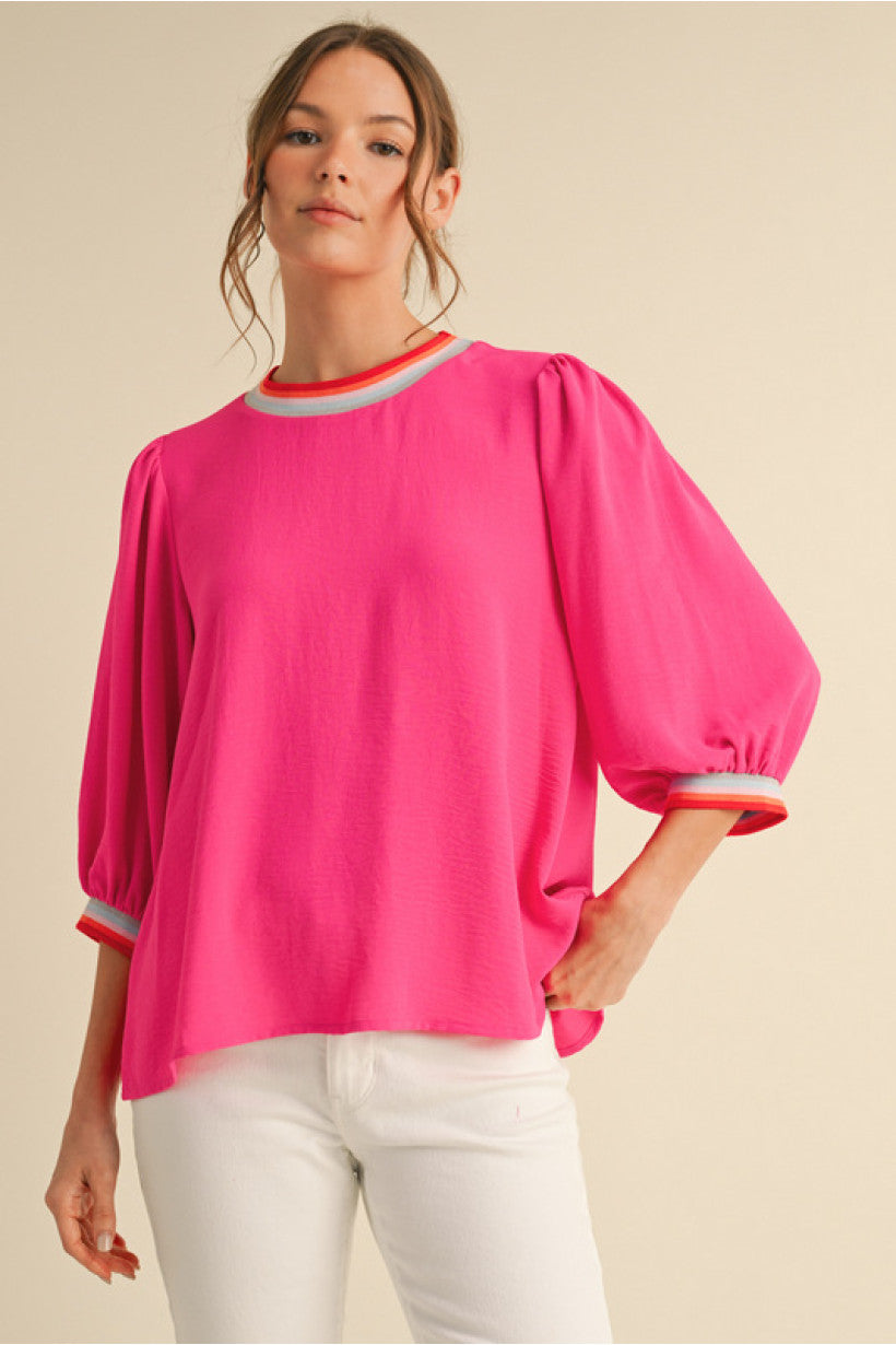 U NECK PINK STRIPE TOP