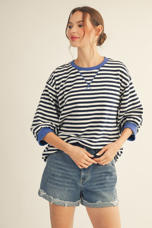 STRIPE 3/4 SS NAVY TOP